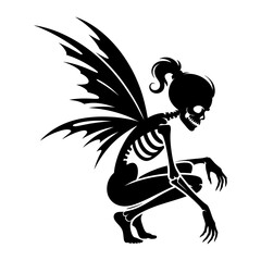 black and white silhouette vector of skeletal fairy crouching with wings gothic fantasy horror design