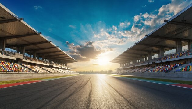 Empty racetrack with grandstands under a bright blue sky during daytime, concept for motorsport events, automotive industry and advertising campaigns