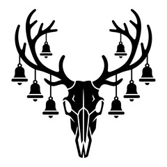 black and white silhouette vector of gothic reindeer skull with antlers decorated with hanging bells