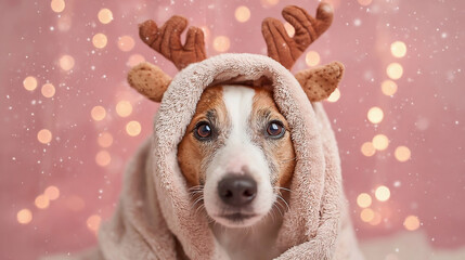 dog wearing reindeer antlers and cozy blanket on pink festive background. dog dressed in reindeer antlers and wrapped in a soft fleece blanket.