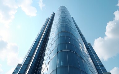 Low angle view of futuristic architecture, Skyscraper of office building with curve glass window, 3D rendering. High quality