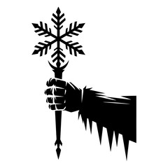 black and white silhouette vector of frost giant hand holding snowflake staff symbolizing winter power