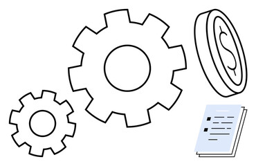 Three gears signify workflow, a coin with dollar mark highlights finances, a document implies planning. Ideal for business planning, workflow, finance, strategy, teamwork, innovation productivity