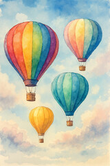 Naklejka premium Colorful Hot Air Balloons Floating in Sky, Watercolor Illustration for Travel, Adventure, and Dreamy Backgrounds, Perfect for Posters and Greeting Cards
