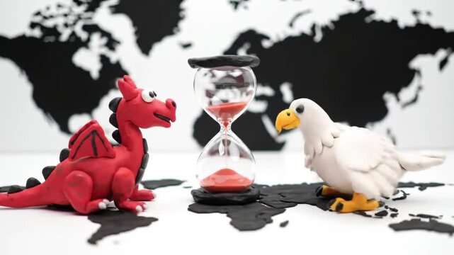 The race against time in the global power struggle, symbolized by a confronting American eagle and a Chinese dragon