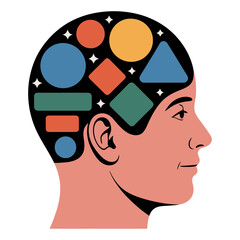 flat vector of a human head filled with colorful geometric shapes symbolizing creativity and thinking