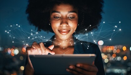 Young Black female technology director analyzing digital data on a tablet at night, concept for data visualization, network management and mobile app development