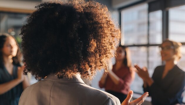 Rear view of a diverse group of businesswomen clapping for a female team leader, concept for motivational speaking, corporate training and employee recognition