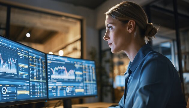 Focused female stock trader examining data on multiple screens, concept for financial analysis, investment strategies and market monitoring