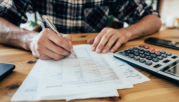 Man's hands filling out paperwork with a pen on a wooden desk surface, concept for tax preparation, financial planning and expense tracking