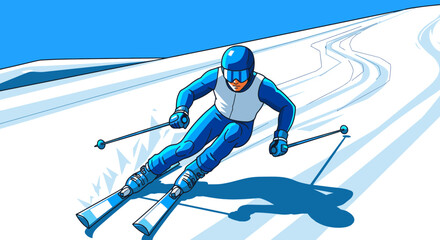 Illustration of a downhill skier in a blue and white suit racing down a snowy mountain slope.