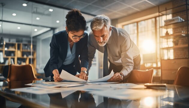 Two business colleagues examining documents on conference table in modern office setting, concept for investment strategy, financial analysis and business development planning