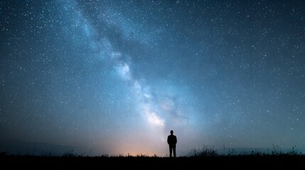 Silhouetted human observes vibrant band of stars across the dark night sky
