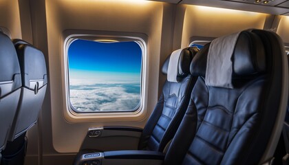 Airplane interior showcasing window view of clouds and blue sky, concept for travel planning, business travel and vacation getaway