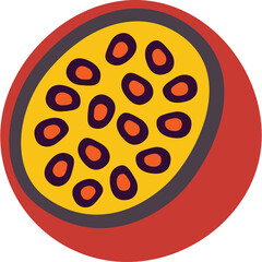 Vibrant illustration of a halved passion fruit with yellow pulp and dark seeds isolated on a transparent background in a flat design style