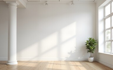 White and wooden open space office interior with mock up wall. High quality