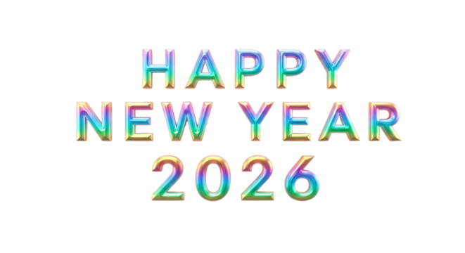 Happy New Year 2026 text, iridescent 3D, cutout, PNG isolated on white or transparent background