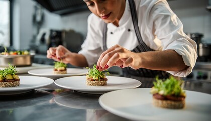 Female chef carefully plating gourmet appetizer with microgreens in commercial kitchen, concept for restaurant menu design, food blog illustration and culinary arts education