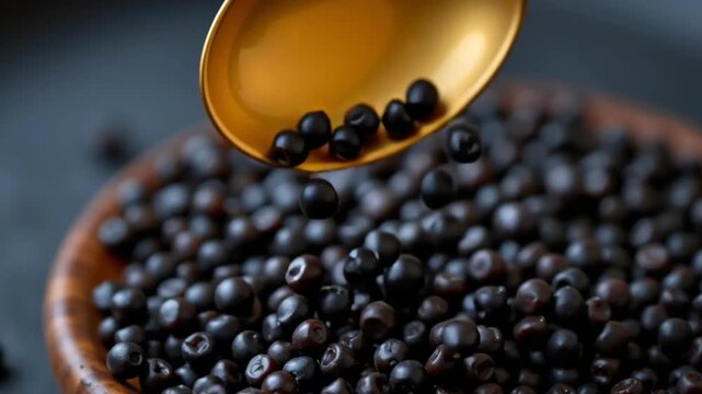 Black tapioca pearl boba spoon and wooden bowl. glossy bubble tea pearls with golden spoon, black peppercorn seasoning still life, warm appetizing