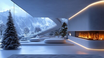 Minimalist Christmas futuristic smart home corner with digital fireplace and minimalist decor