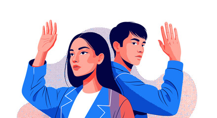 Illustration of an Asian man and woman standing back-to-back with their hands raised, taking an oath or making a pledge.