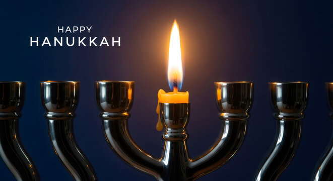 Single lit candle on a menorah with happy Hanukkah text against a blue background for Jewish festival celebration.