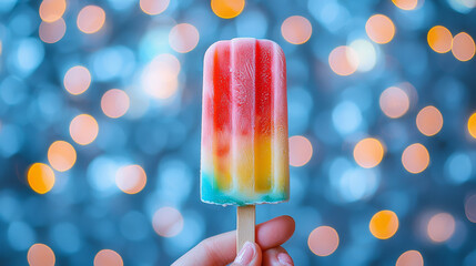 A hand holds a colorful popsicle in front of a bokeh background of blue and orange lights.
