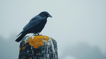 Fototapeta premium Black raven perched on a lichen-covered stone pillar against a misty grey sky.