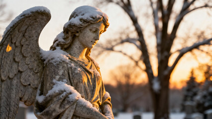 Fototapeta premium Snow-covered angel statue in cemetery at sunset for Catholic Christmas, space for text 