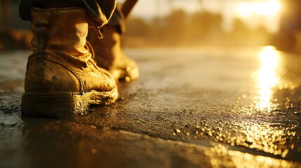 Naklejka premium Heavily soiled work boots stand in wet ground bathed in warm sunlight