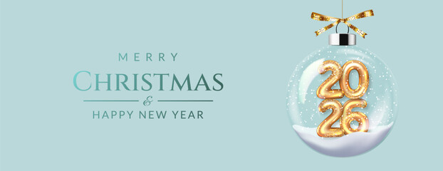 Christmas and New Year black background with transparent glass ball with numbers 2026	