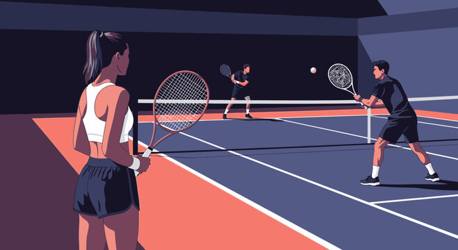 A woman watches two men play a competitive game of doubles tennis on an indoor court.