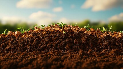 Conceptual 3D render of waste-to-soil process showing food waste transforming into organic compost layers.