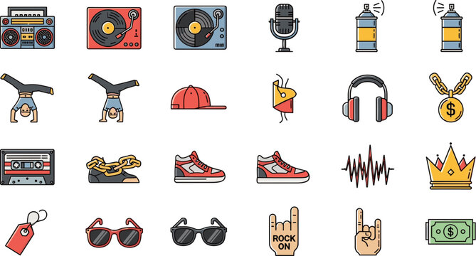 Hip Hop Culture and Rap Music Icon Set Collection.