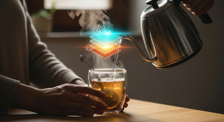 Pouring hot water from a kettle into a glass of tea, with a glowing digital interface showing energy and data, symbolizing the fusion of tradition and technology in beverage preparation