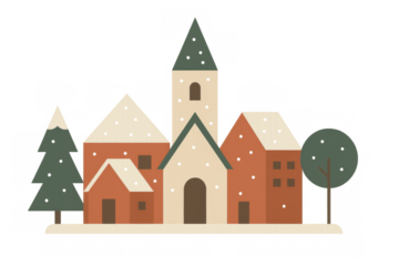 Winter village illustration on transparent background depicting a cozy snowy town with houses, church, and pine trees at christmas time