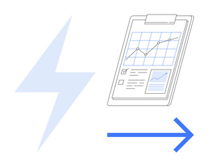 Lightning bolt, clipboard with report chart and graph, and forward arrow convey energy, analysis, and progress. Ideal for business, workflow, data, productivity strategy direction simple flat