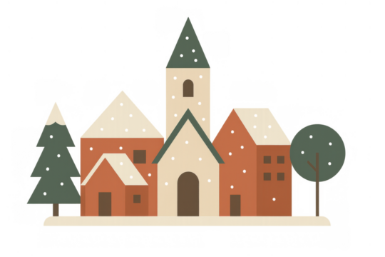 Winter village illustration on transparent background depicting a cozy snowy town with houses, church, and pine trees at christmas time