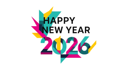 Happy New Year 2026 text, with abstract geometric shapes and bright colors, cutout, PNG isolated on white or transparent background