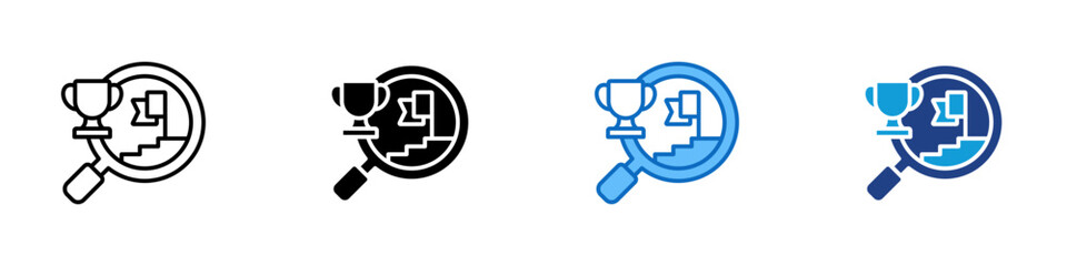 Achievement Goals Multiple Style Icon Design Vector - magnifying glass viewing a trophy and stairs, symbolizing success and progress through goal setting