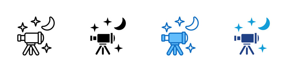 Telescope Night Multiple Style Icon Design Vector - telescope pointed at stars and the moon, symbolizing astronomy and night observation