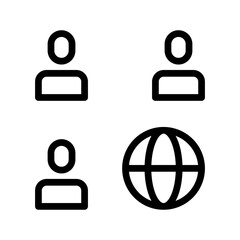 Global Team icon set featuring international workforce, diverse collaboration, remote teamwork, and corporate unity symbols in clean minimal line art style