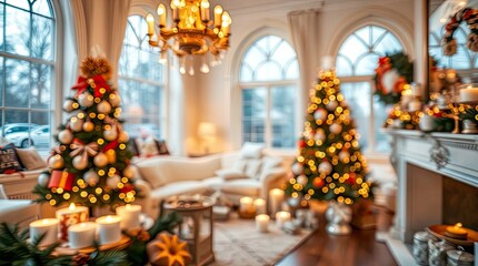 Elegant White and Gold Christmas Decor with Warm Autumn Colors and Soft Lighting, Long Exposure Photography with Light Trails