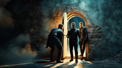 Three Figures Entering Mysterious Doorway at Night