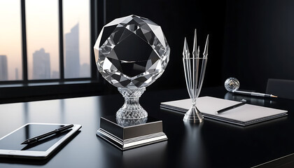 Recognition: Crystal Trophies on Desk Overlooking Cityscape