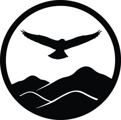 Vector Eagle soars above mountains within a circular emblem silhouette illustration