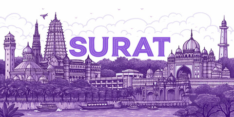 Surat Skyline Sketch with Iconic Landmarks and Cultural Heritage for Tourism Promotion | Hand-drawn Cityscape Art for Travel Branding