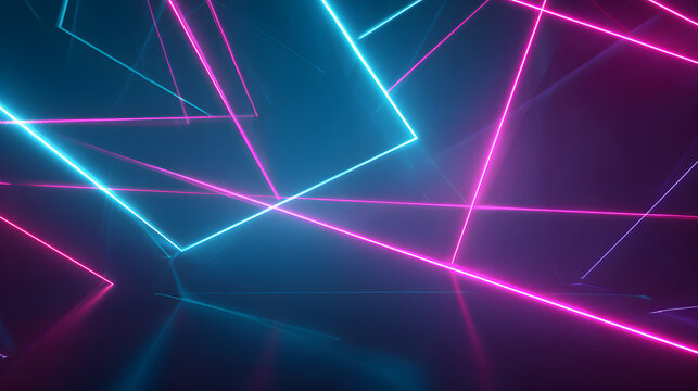 Abstract neon geometric shapes in vibrant blue and pink light, creating a futuristic and energetic digital art background with a sense of depth and movement