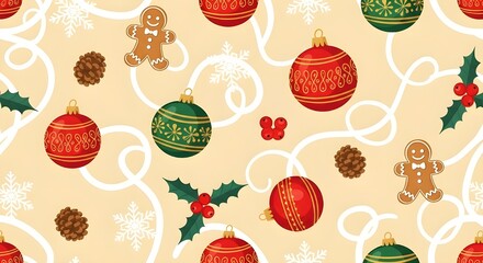 Christmas seamless pattern with ornaments gingerbread cookies holly berries and snowflakes on beige