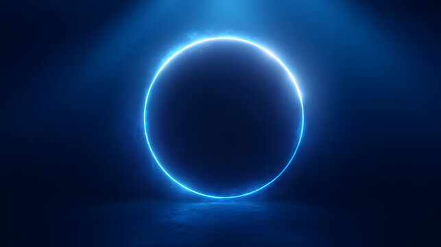 A glowing blue neon circle portal on a dark, reflective surface with subtle light effects, creating a futuristic and mysterious atmosphere